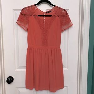 Coral chiffon mini dress with mesh lace detailing